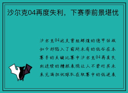沙尔克04再度失利，下赛季前景堪忧